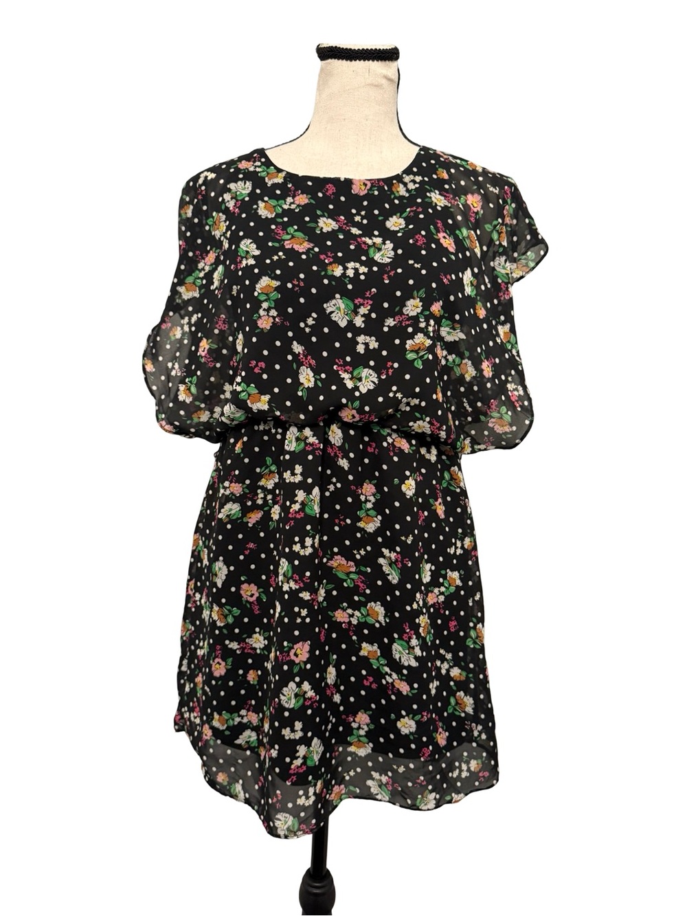 Rachael & Chloe Girls Floral Polka Dot Chiffon Dress Size 12 Flutter Sleeve